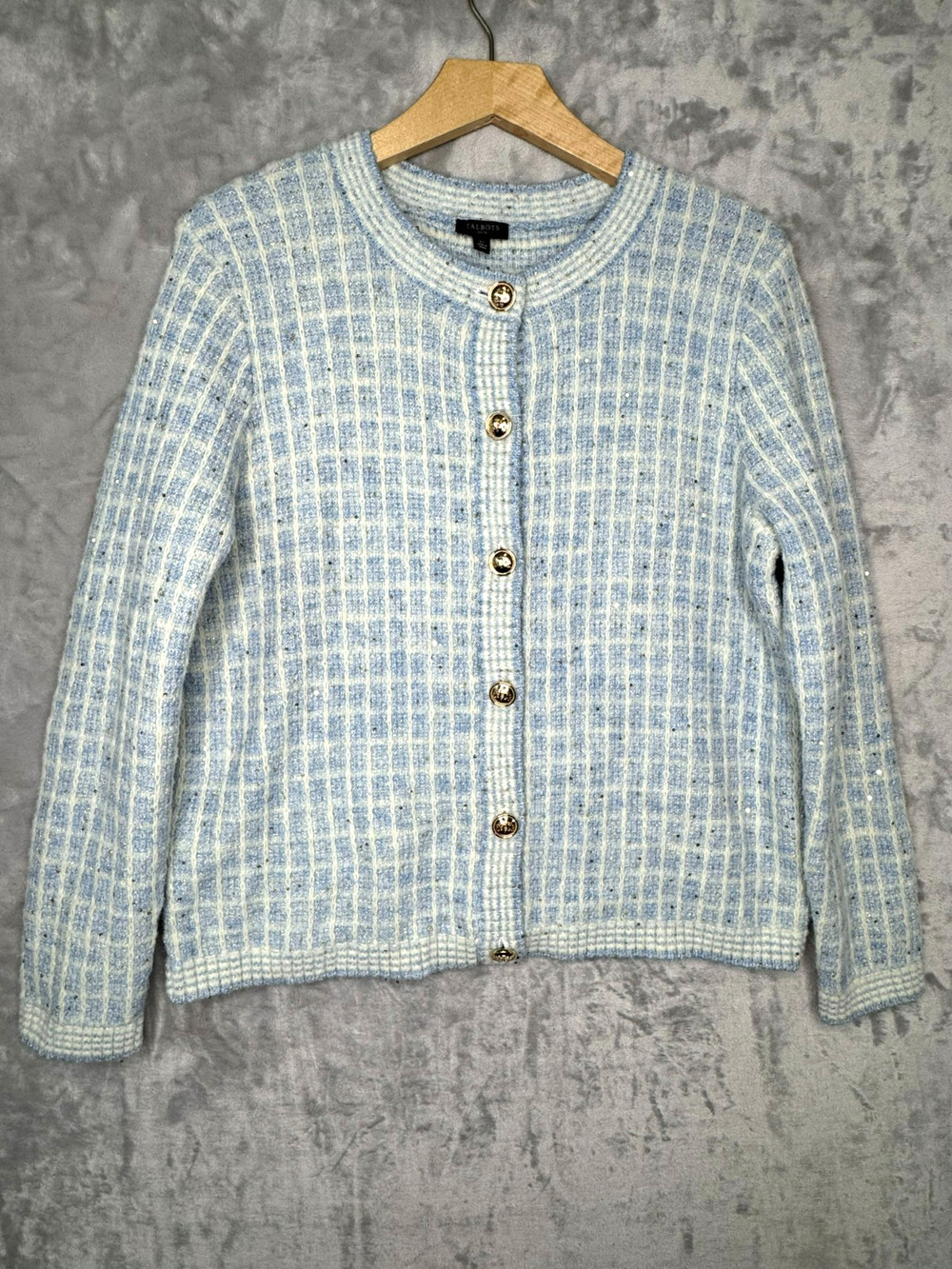 Talbots Cardigan Sweater Womens LP Large Petite Gold Button Front Gold Sequin